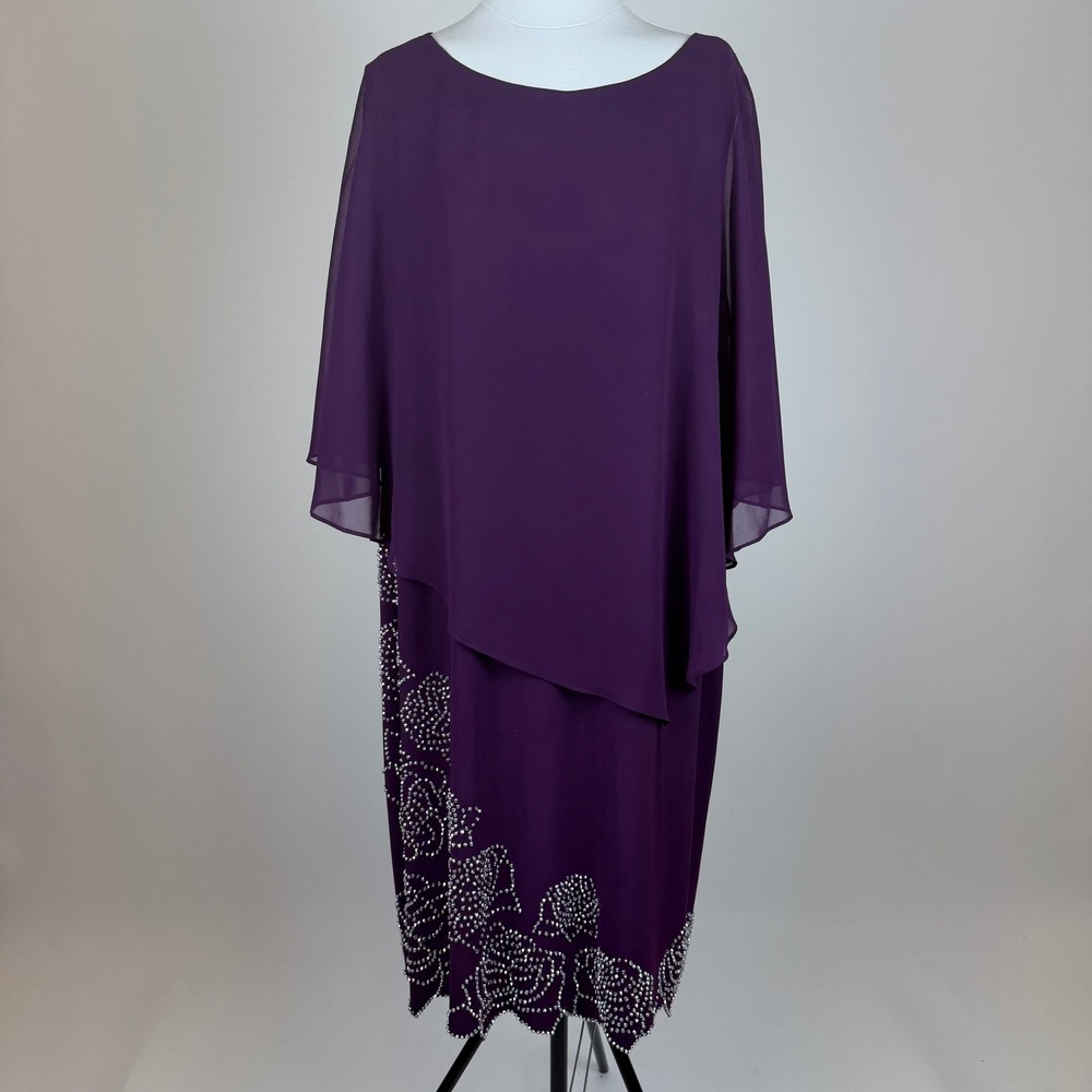 NWT MSK Luxe Plum Purple Rose Rhinestone Sheer Cape Cocktail Dress Sz 2X Formal